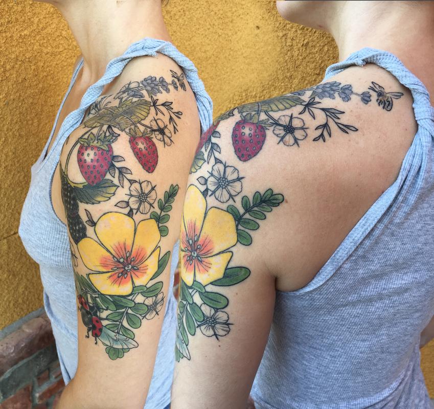 Floral Vintage Color Shoulder Cap with Berries, flowers and Insects by